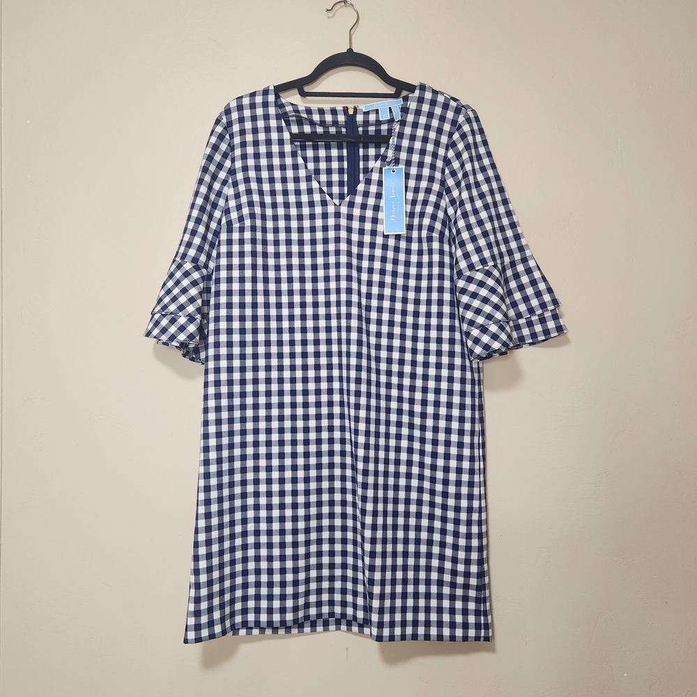 NWT Draper James Navy and White Gingham Shift Dress Bell Sleeves Size 8